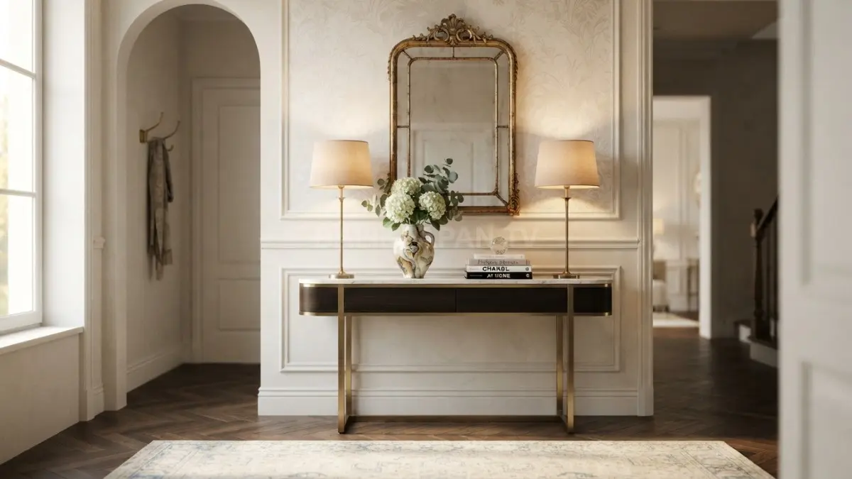 Foyer Parisian menghadirkan konsol ramping, cermin dekoratif, lampu meja, dan aksesori artistik dalam komposisi elegan. (BTV/AI)
