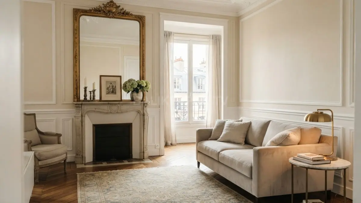 French apartment menghadirkan cermin besar berbingkai klasik sebagai aksen elegan yang memantulkan cahaya ruangan. (BTV/AI)