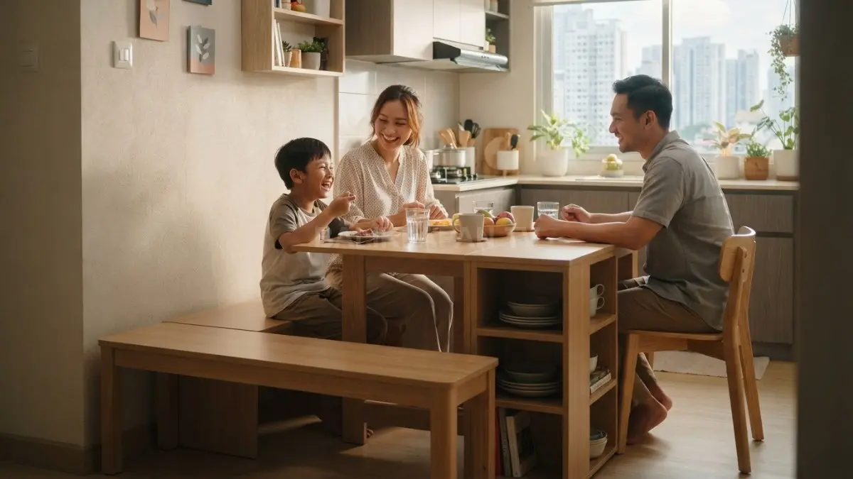 Furnitur multifungsi membantu ruang makan terbatas tetap rapi, nyaman, praktis, dan terasa lega untuk aktivitas sehari-hari (BTV/AI)
