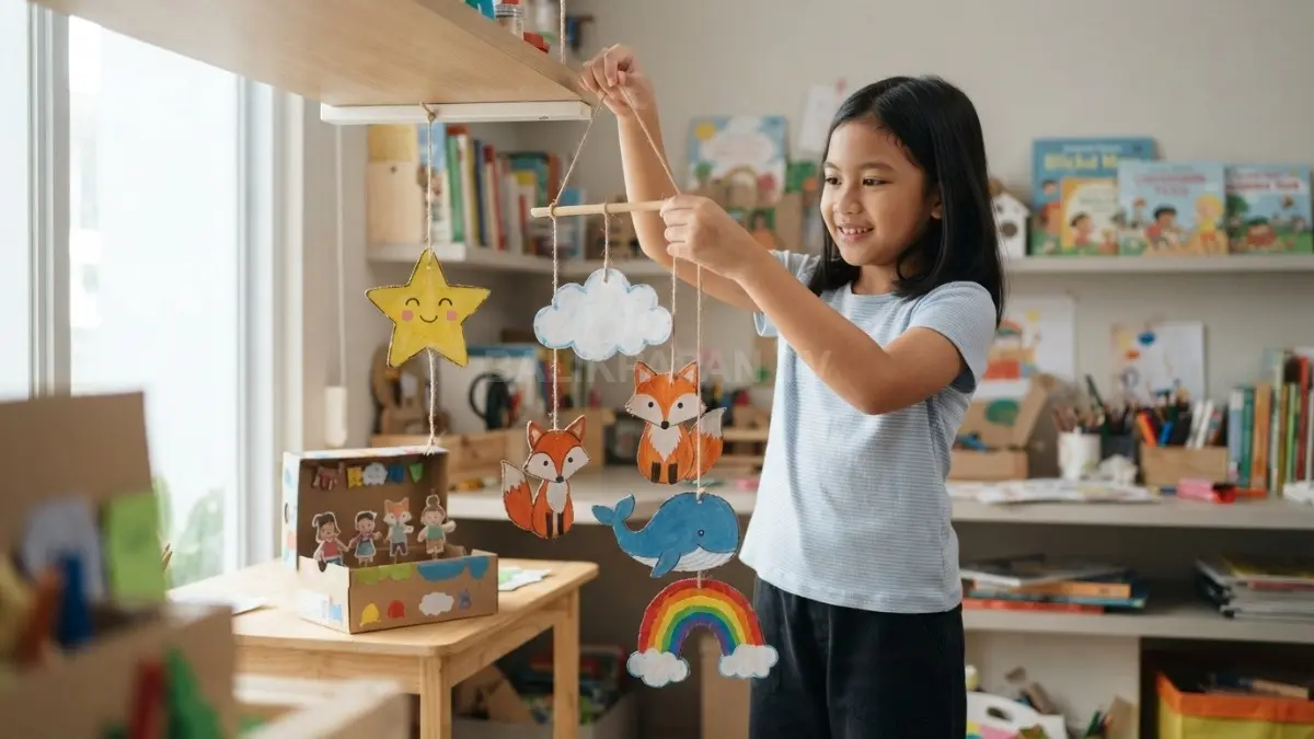 Gantungan karakter dari karton warna-warni mempercantik kamar dengan bentuk imajinatif yang ceria, personal, dan kreatif. (BTV/AI)