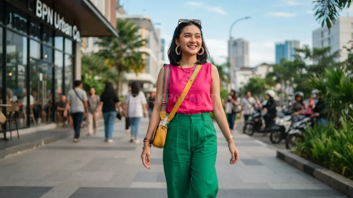 Gaya color blocking ceria memadukan warna berani dan aksesori sederhana untuk tampilan ekspresif sehari-hari. (BTV/AI)