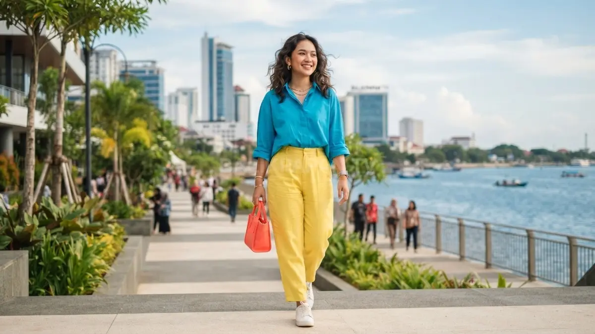 Gaya color blocking menghadirkan kesan ceria dengan perpaduan warna berani untuk aktivitas harian Balikpapan. (BTV/AI)