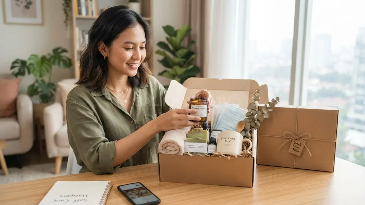 Hampers Self-Care berisi produk relaksasi yang dikemas cantik, personal, dan cocok menjadi hadiah kreatif kekinian. (BTV/AI)
