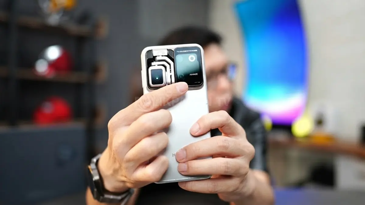 HER Robot Phone baru menjalani unboxing dan tes awal kamera gimbal, sementara performa, gaming, layar, dan kamera lainnya masih menunggu pengujian lebih lengkap. (BTV/AI)