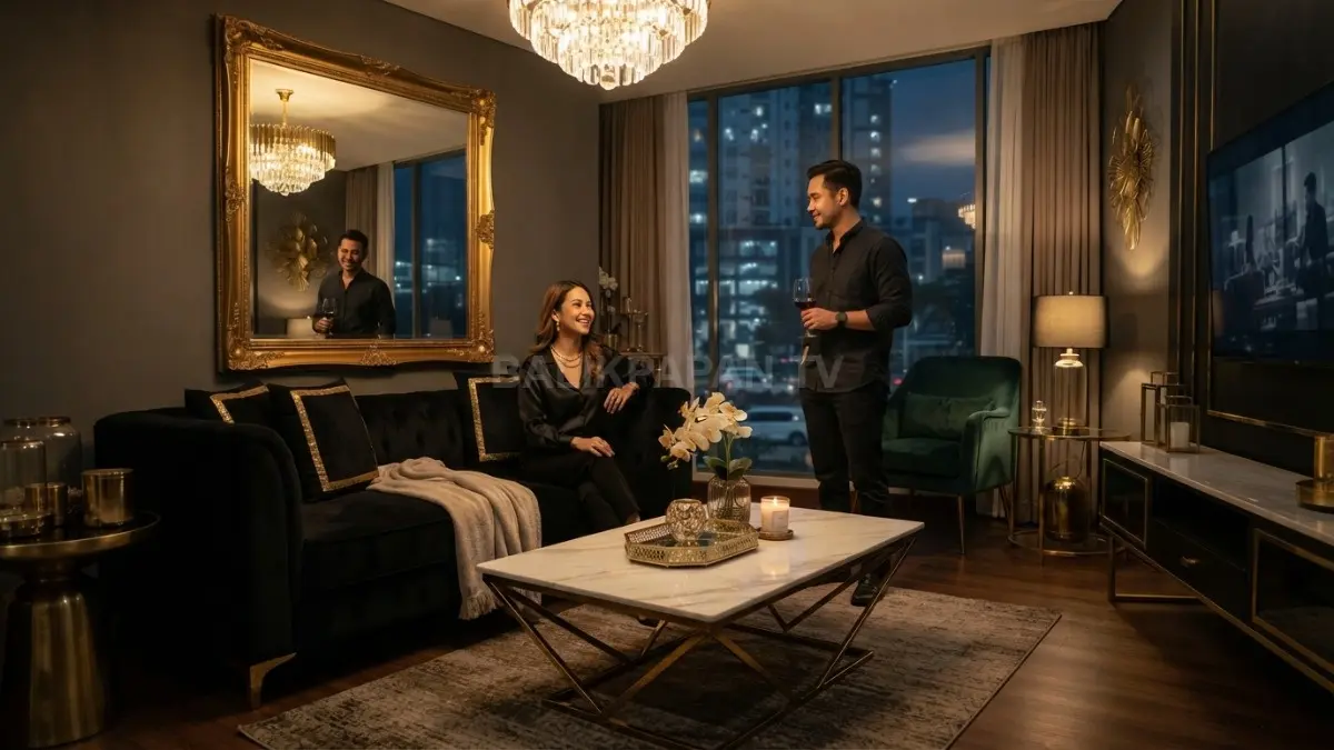 Hollywood glam menghadirkan sofa velvet, meja marmer, aksen emas, kaca, dan pencahayaan dramatis berkarakter. (BTV/AI)