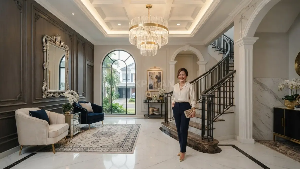 Hollywood Regency menghadirkan nuansa glamor melalui aksen gold, kaca, metal, chandelier, dan cermin dekoratif elegan. (BTV/AI)