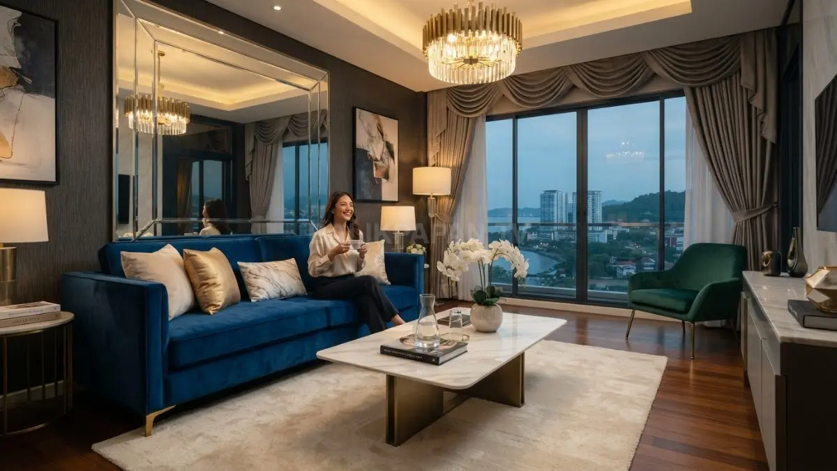 Home decor glamor memadukan sofa beludru, marmer, cermin, aksen metalik, dan pencahayaan hangat secara elegan. (BTV/AI)