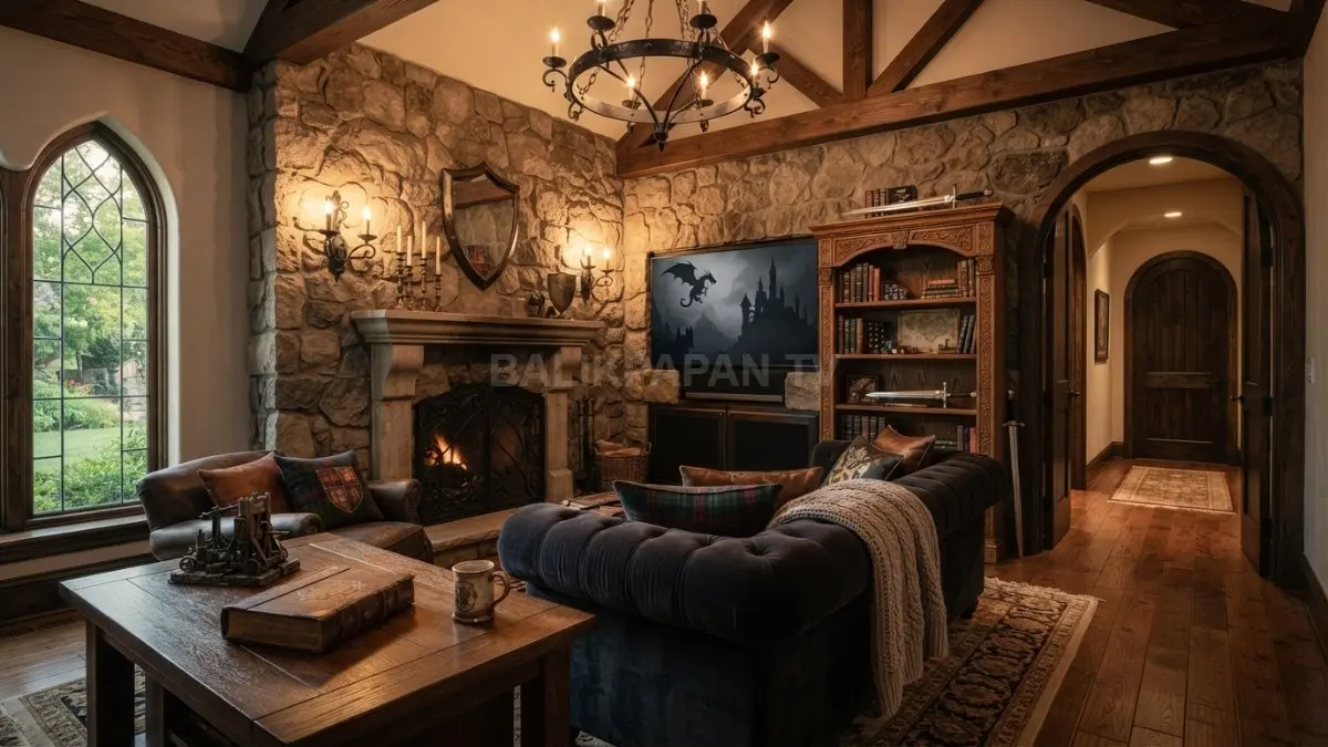Home decor kastil fantasi memadukan batu, kayu, besi, tekstil, pencahayaan hangat, dan aksen game dramatis. (BTV/AI)