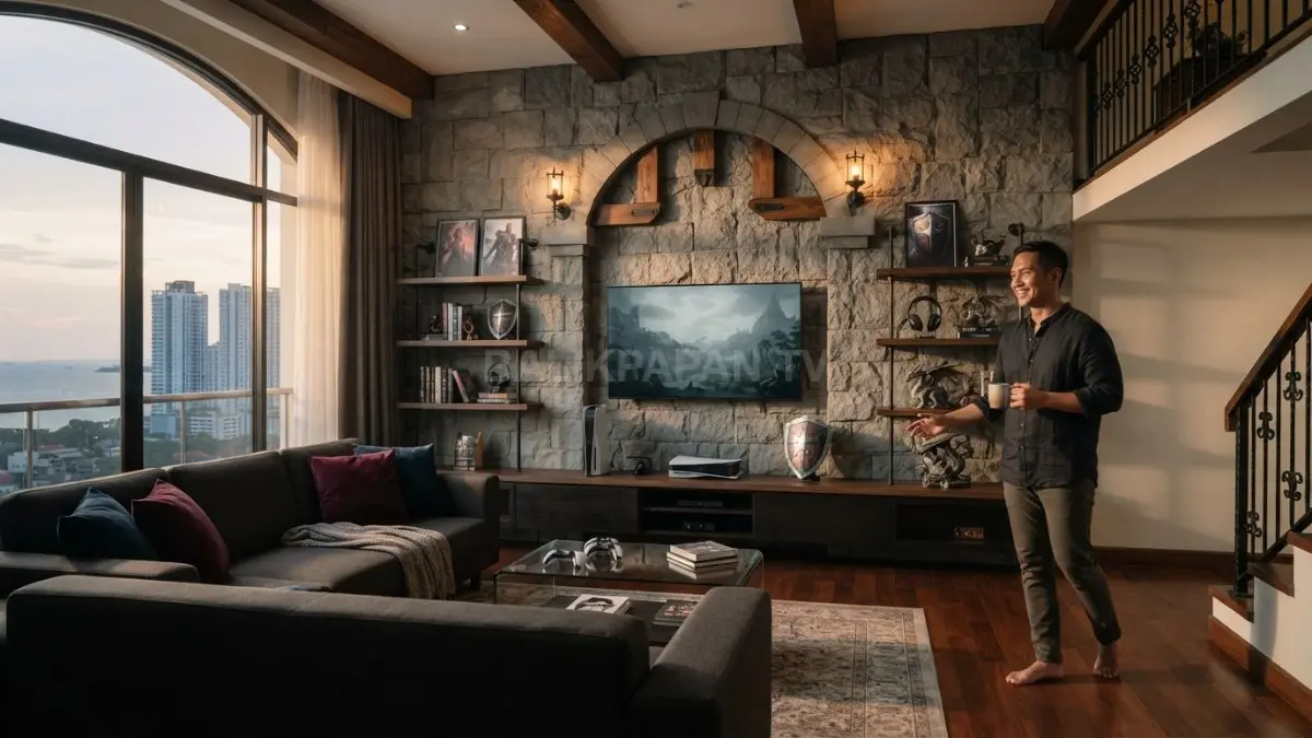 Home decor kastil fantasi memadukan dinding batu, kayu, logam, tekstil, dan pencahayaan hangat berkarakter dramatis. (BTV/AI)