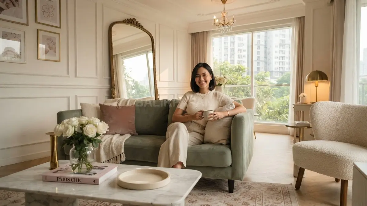 Home decor Paris memadukan warna lembut, furnitur elegan, ornamen klasik, cermin dekoratif, dan pencahayaan hangat berkelas. (BTV/AI)