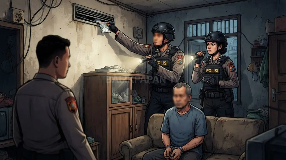 Ilustrasi polisi menyergap seorang pria diduga penyelundup sabu di ventilasi rumah (BTV/AI)