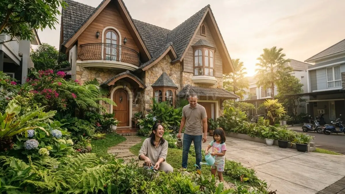 Inspirasi arsitektur rumah bergaya dongeng menghadirkan atap miring, fasad natural, jendela unik, serta taman hijau (BTV/AI)