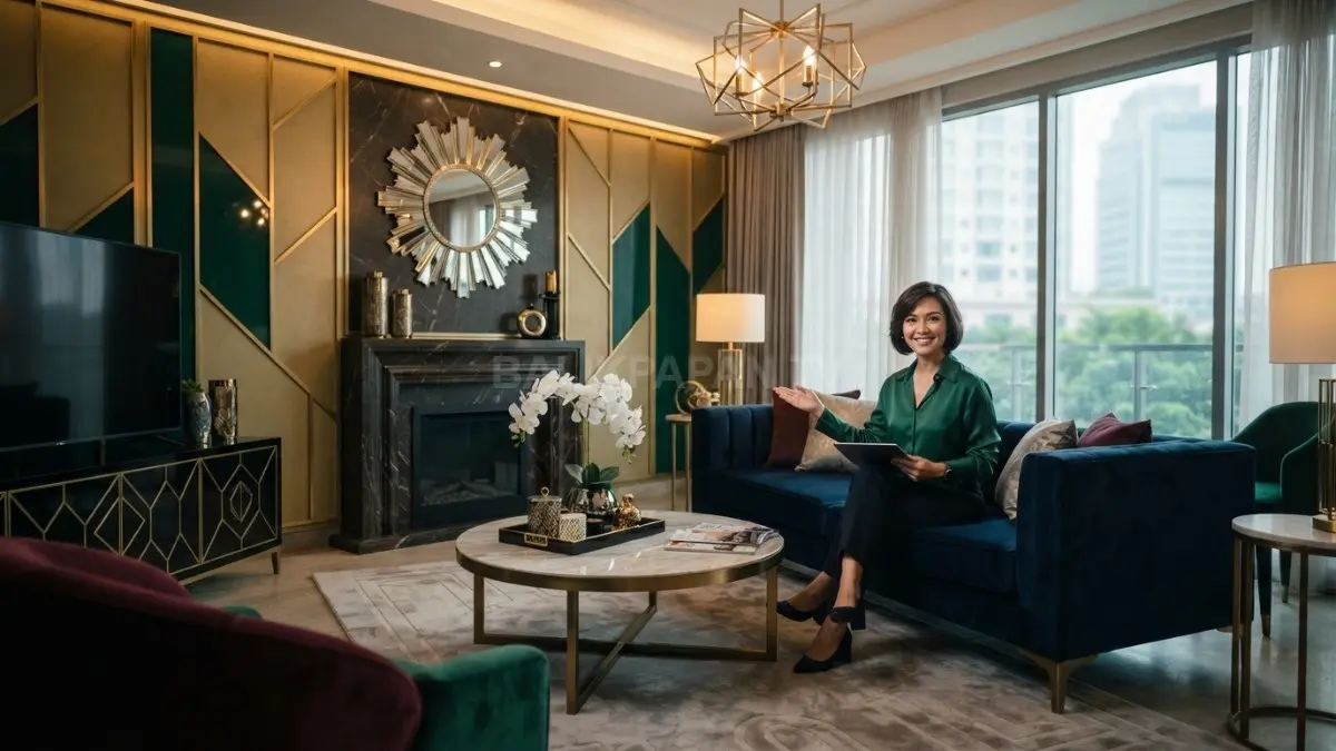 Interior Art Deco glam memadukan geometri tegas, cermin dekoratif, aksen emas, dan warna kaya elegan berkelas. (BTV/AI)