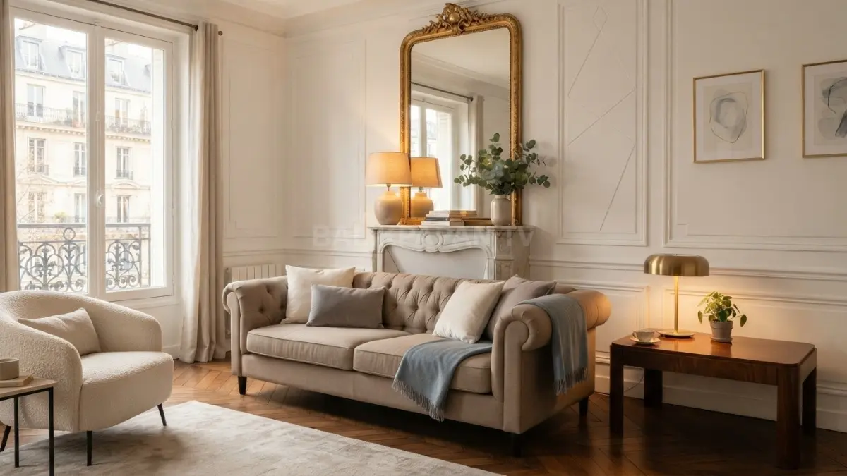 Interior Parisian Classic menghadirkan panel dinding klasik, sofa netral, furnitur kayu, dan karya seni elegan. (BTV/AI)