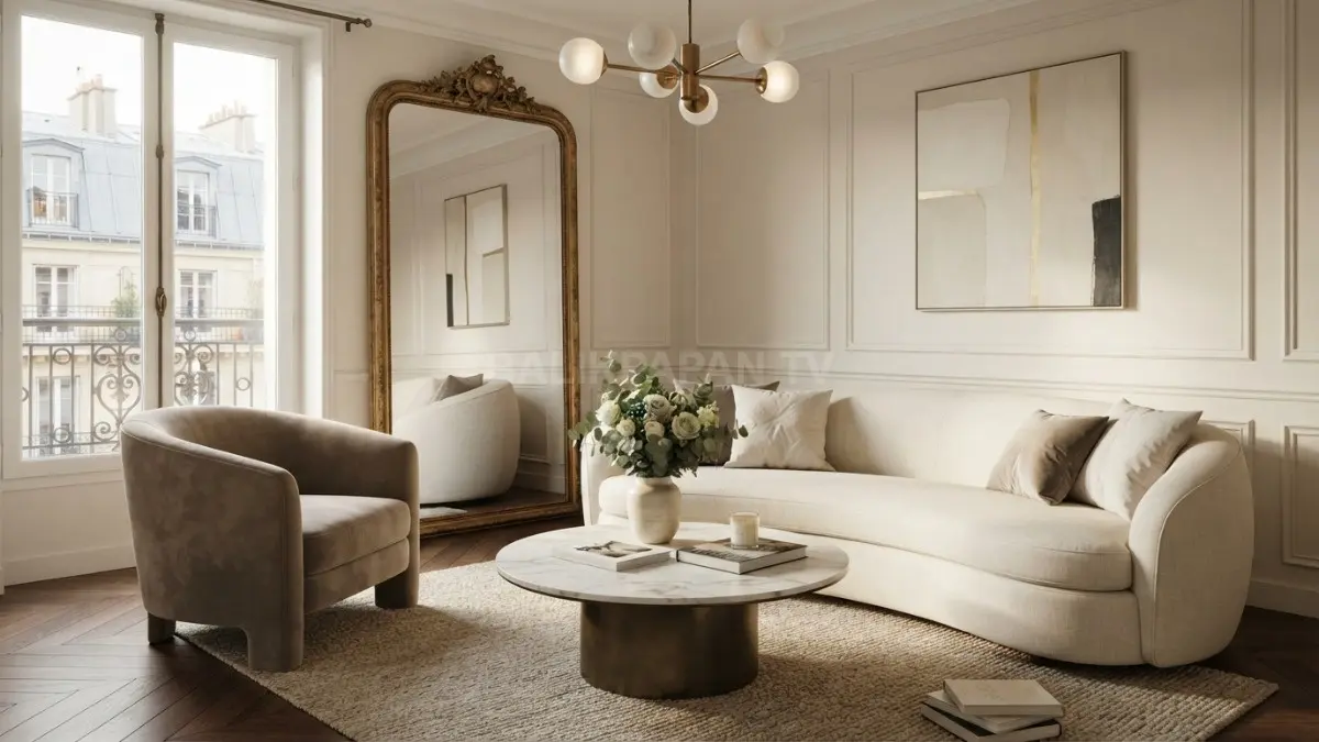 Interior Parisian modern menghadirkan furnitur melengkung, warna lembut, material bertekstur, dan suasana elegan yang nyaman. (BTV/AI)
