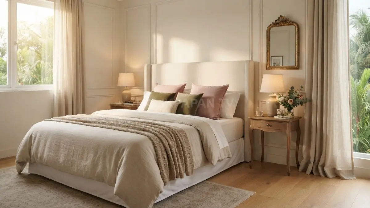 Kamar Parisian memadukan headboard tinggi, tekstil berlapis, warna netral, tirai panjang, dan aksen lembut elegan. (BTV/AI)
