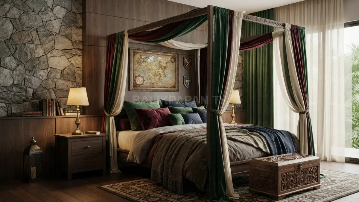 Kamar royal fantasy ala game memadukan tempat tidur berkanopi, warna kaya, ornamen klasik, dan pencahayaan hangat. (BTV/AI)