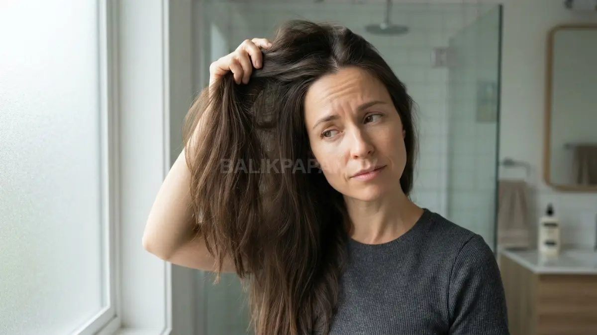 Kondisi rambut lepek setelah keramas menunjukkan tanda kelelahan pada batang rambut akibat penumpukan produk berlebih. (BTV/Ai)