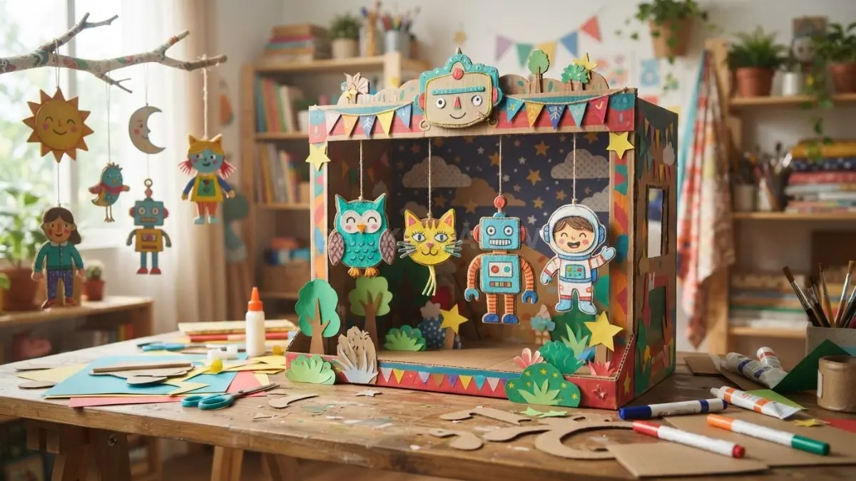 Kreasi kartun dari kertas dan kardus menghadirkan dekorasi ceria penuh warna untuk mempercantik sudut rumah. (BTV/AI)