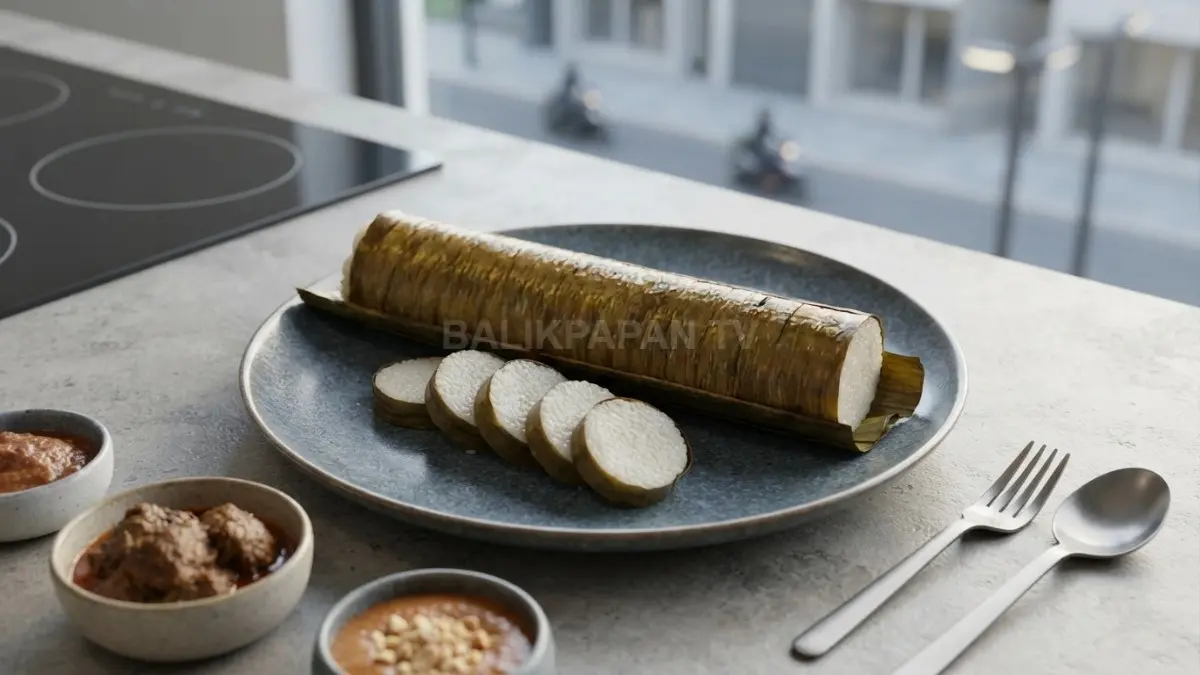 Lamang beras ketan dimasak dalam bambu menggunakan bara api, tradisi kuliner masyarakat Kalimantan. (BTV/AI)