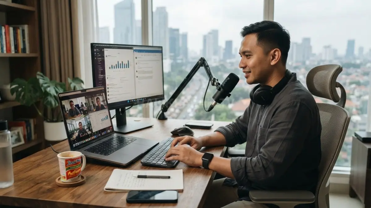 Laptop kerja remote tertata rapi dengan layar terbuka dan perlengkapan produktivitas modern BTV/AI

