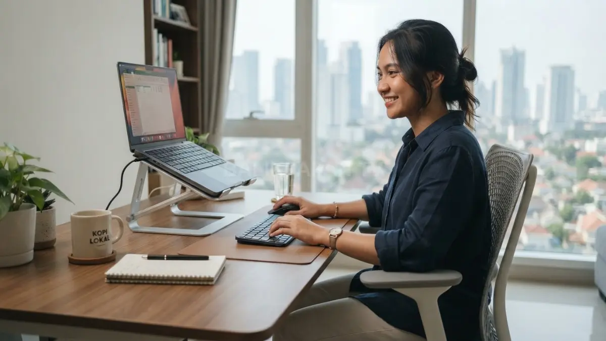 Laptop nyaman, posisi layar tepat, keyboard eksternal, dan mouse membantu menjaga produktivitas selama bekerja (BTV/AI)
