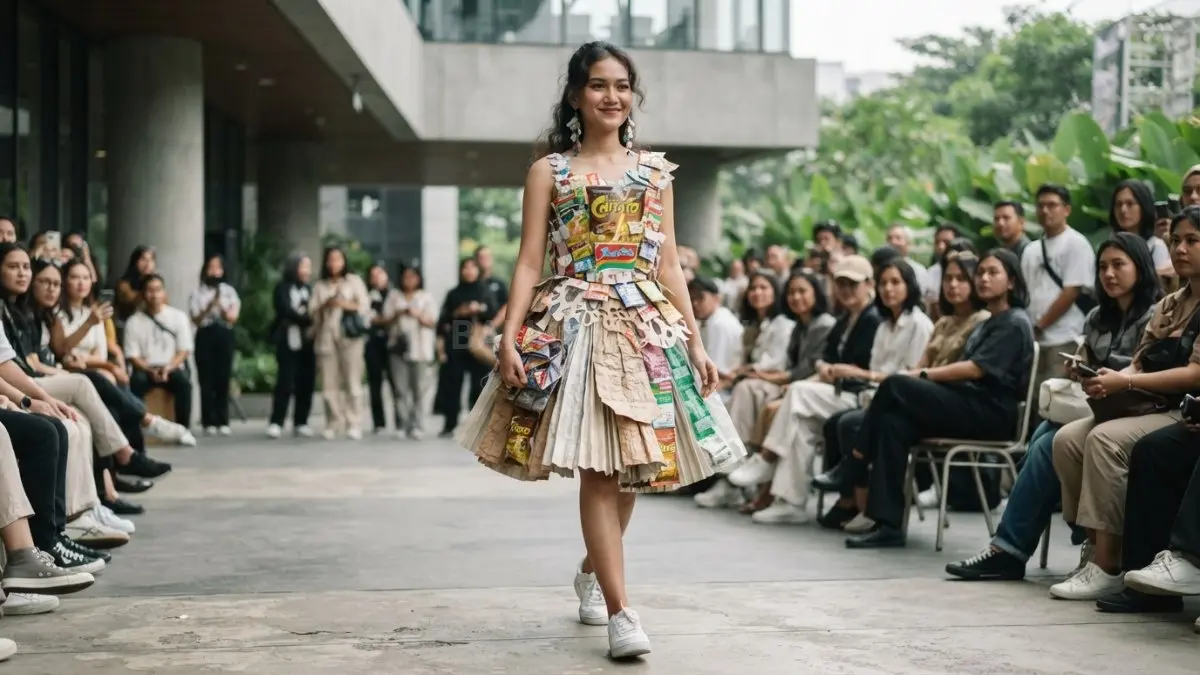Model mengenakan baju kreasi bernuansa daur ulang dari kemasan, karton, dan potongan kain bersih. (BTV/AI)