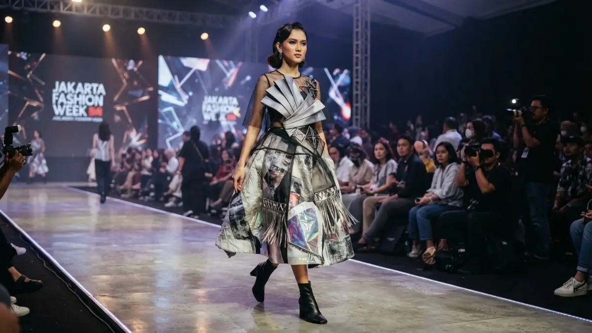 Model mengenakan baju kreasi unik berbahan kombinasi kain dan material dekoratif di panggung. (BTV/AI)