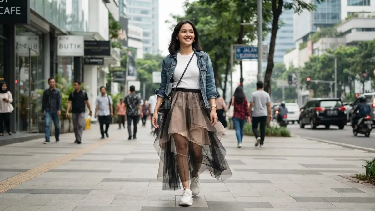 Model mengenakan rok layer transparan dengan potongan bertingkat, menciptakan volume elegan dan modern saat berjalan. (BTV/AI)