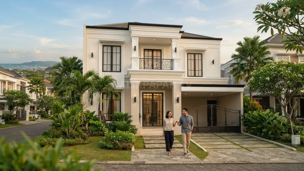 Modern classic glamor memadukan fasad bersih, wall moulding, warna netral, material marmer, dan aksen hitam elegan. (BTV/AI)