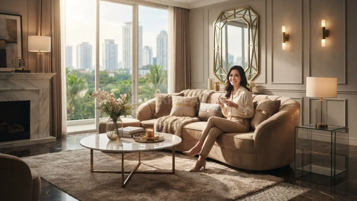 Modern glam memadukan warna netral, sofa velvet, meja kaca, detail brass, cermin, dan karpet bertekstur elegan. (BTV/AI)