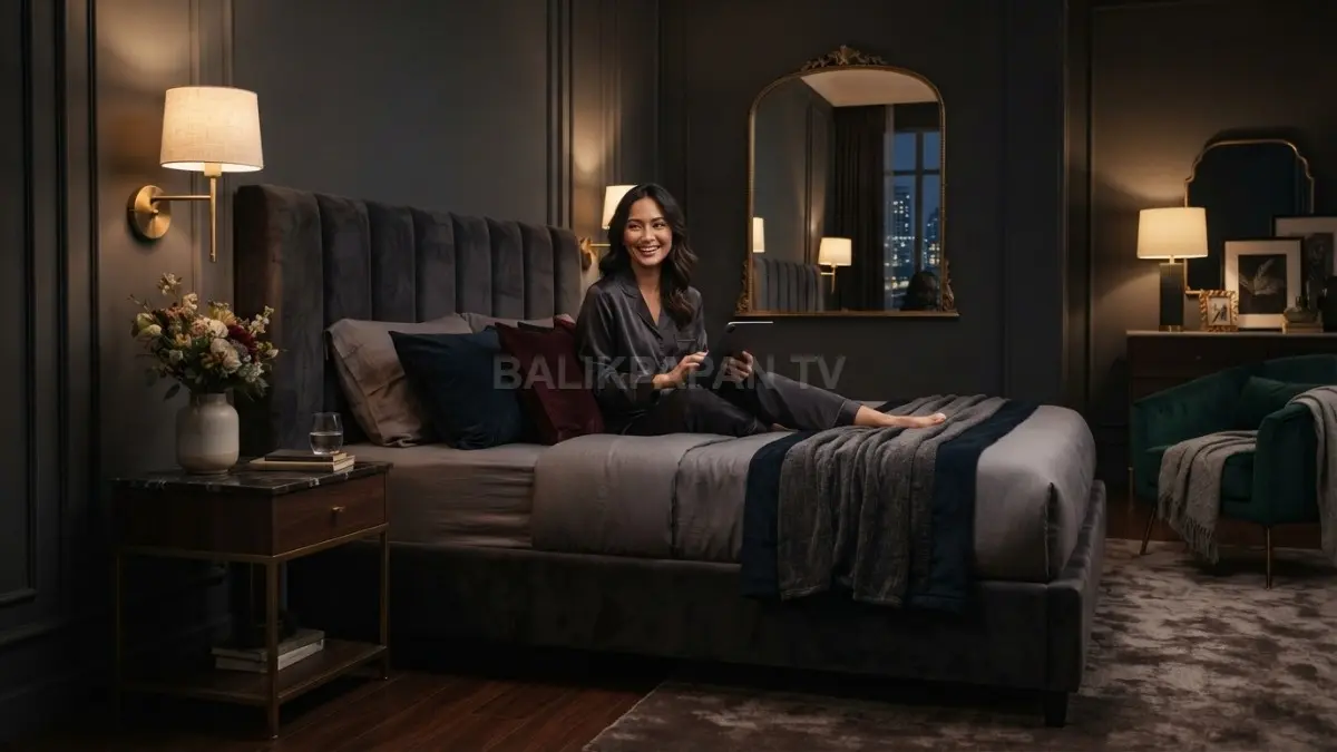 Moody glam menghadirkan ruang elegan melalui warna gelap, cermin, aksen brass, dan pencahayaan hangat yang dramatis. (BTV/AI)