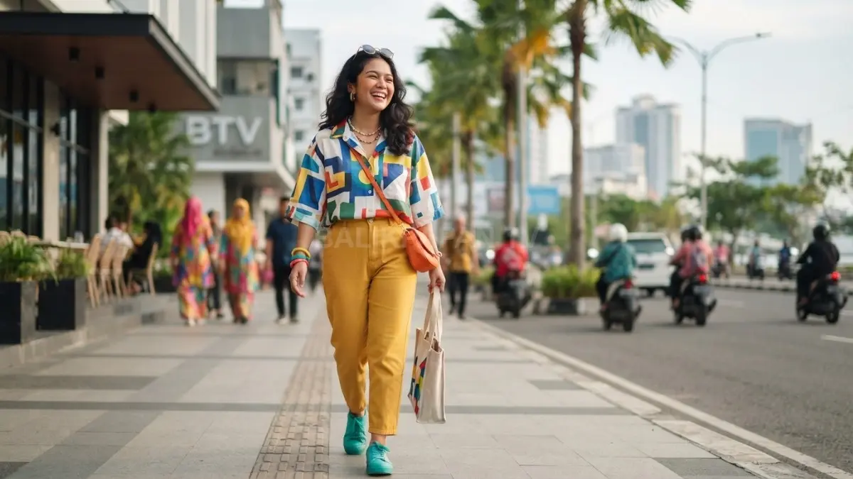 Motif playful dan warna solid menghadirkan gaya ceria terinspirasi ilustrasi, tetap seimbang untuk aktivitas harian. (BTV/AI)