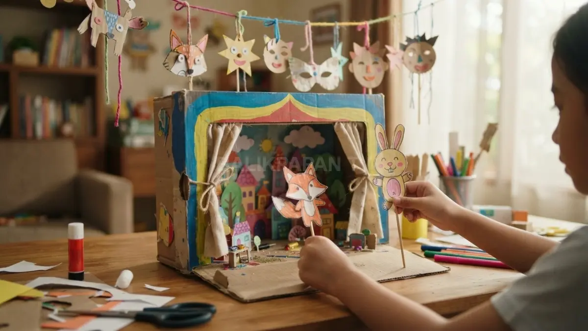 Panggung kartun mini dari kardus bekas menghadirkan ruang bermain kreatif dengan karakter lucu dan dekorasi imajinatif. (BTV/AI)