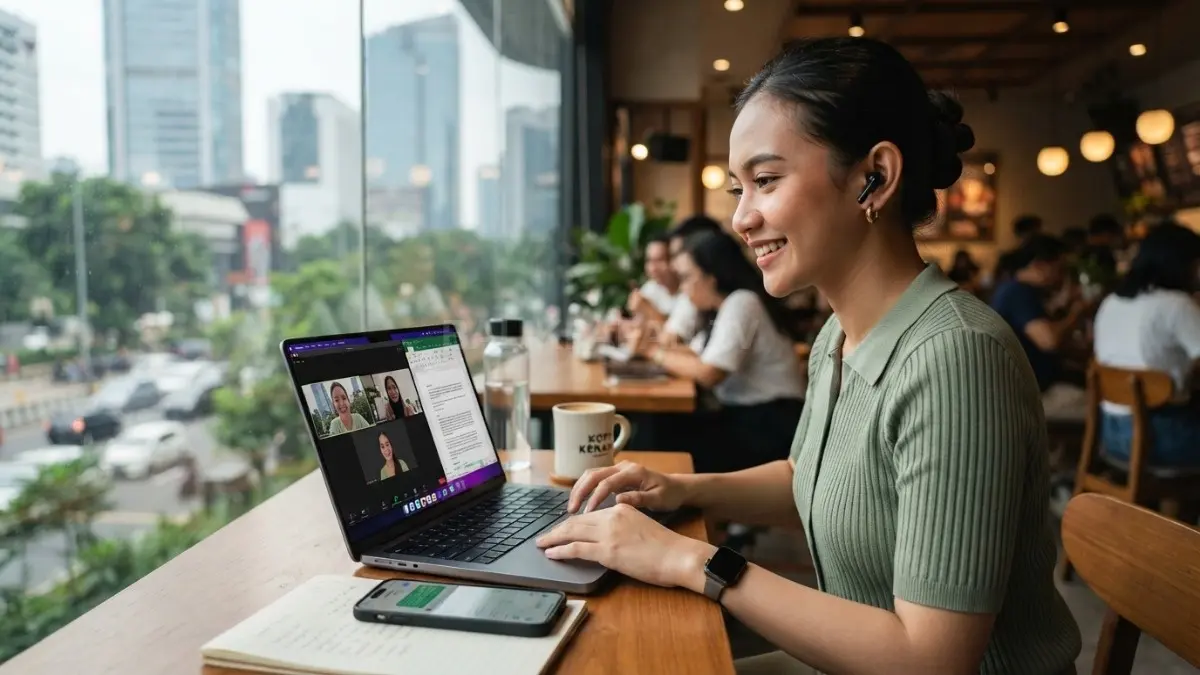 Pekerja remote menggunakan laptop 14 inci untuk rapat daring dan mengolah dokumen harian nyaman BTV/AI
