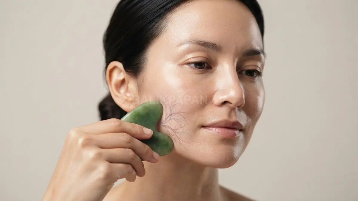 Penggunaan alat gua sha secara lembut membantu melancarkan sirkulasi darah serta menjaga kesehatan kulit wajah. (BTV/Ai)