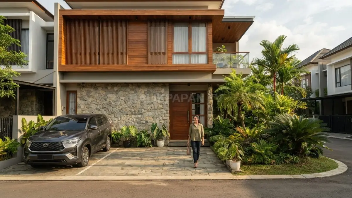 Perpaduan batu dan kayu menghadirkan fasad alami, hangat, bertekstur, serta cocok untuk rumah tropis modern (BTV/AI)