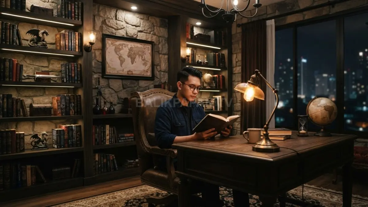 Perpustakaan kastil menghadirkan rak kayu tinggi, meja klasik, lampu hangat, dan dekorasi fantasi untuk membaca. (BTV/AI)