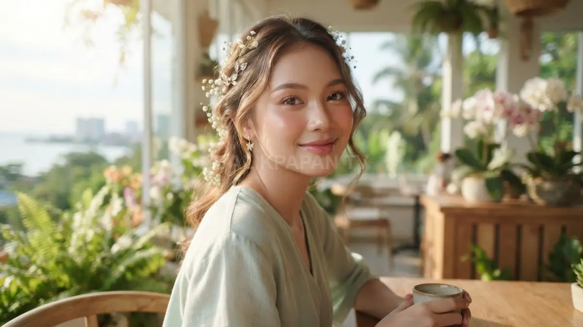 Riasan fairycore menampilkan kulit natural, warna pastel, kilau lembut, dan blush romantis bernuansa negeri dongeng. (BTV/AI)