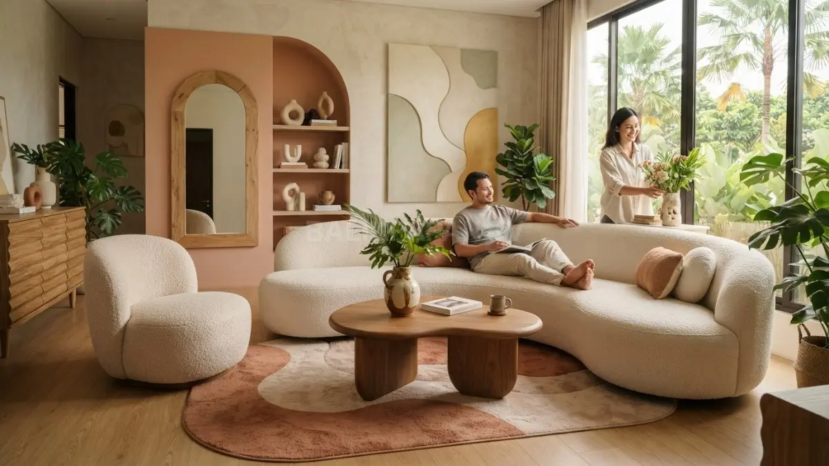 Ruang keluarga dengan furnitur lengkung dan dekorasi organik menciptakan suasana hangat, personal, ekspresif, serta tetap fungsional. (BTV/AI)
