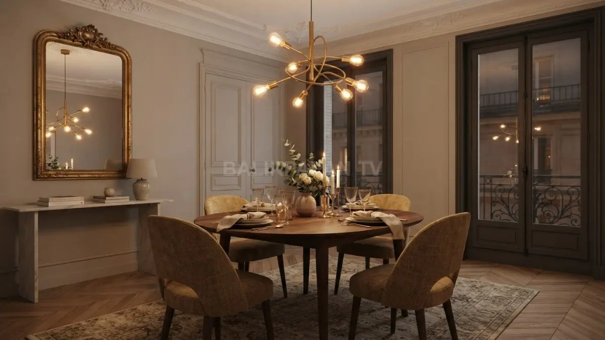 Ruang makan bergaya Paris menghadirkan chandelier elegan, meja marmer, kursi kain, dan pencahayaan hangat berkelas. (BTV/AI)