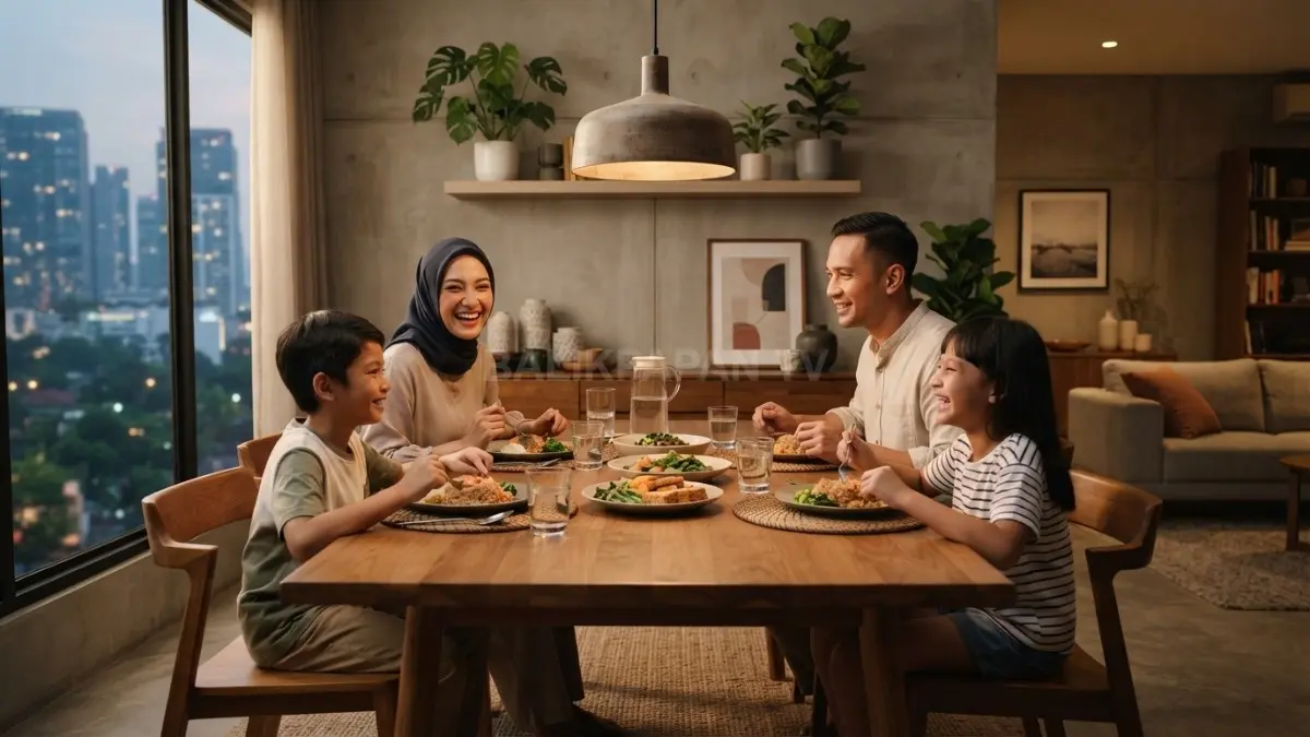 Ruang makan minimalis menghadirkan suasana hangat melalui meja kayu, lampu gantung, warna netral, tanaman indoor, (BTV/AI)

