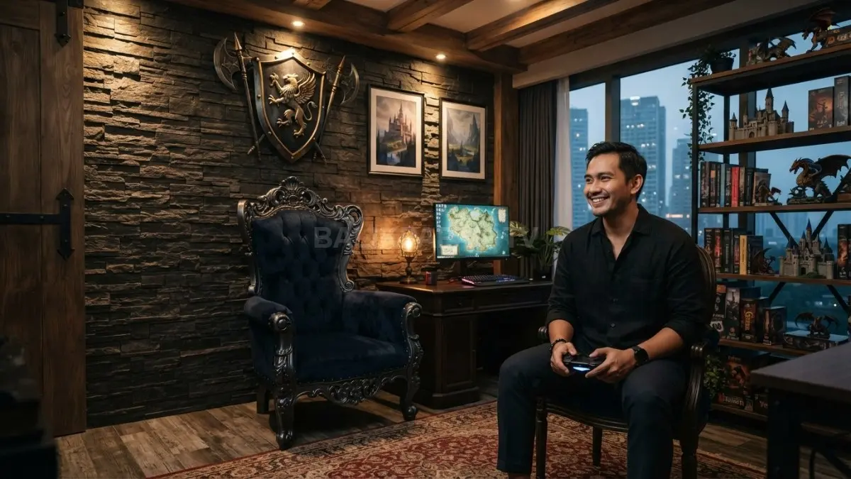 Ruang tahta fantasi menghadirkan kursi statement, dinding batu, emblem fiksi, karpet, dan pencahayaan dramatis elegan. (BTV/AI)