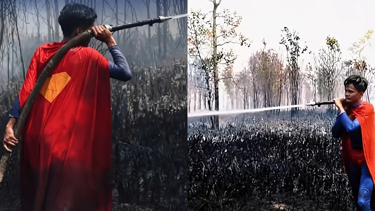 Rudiansyah mengenakan kostum Superman saat ikut membantu penanganan karhutla di Palangka Raya.