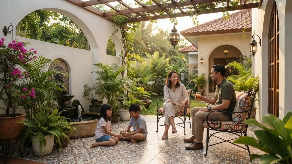 Rumah Andalusian menghadirkan patio dengan keramik bermotif, dinding putih, tanaman hijau, dan elemen air. (BTV/AI)