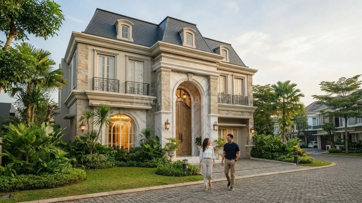 Rumah bergaya French Château menghadirkan fasad simetris, jendela tinggi, atap berkarakter, dan detail klasik elegan. (BTV/AI)