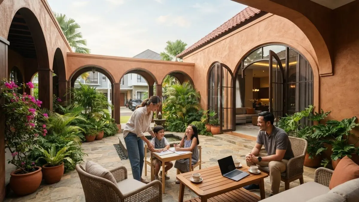Rumah bergaya Spanyol memadukan stucco, atap genteng, lengkungan, courtyard, dan material alami untuk hunian tropis. (BTV/AI)