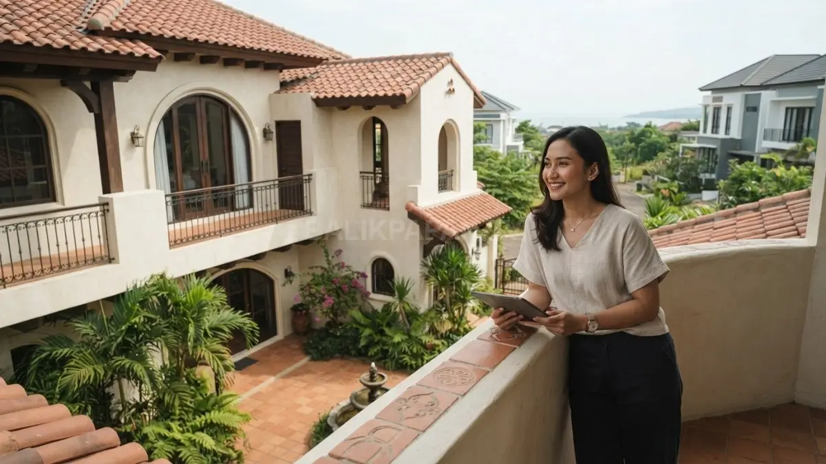 Rumah bergaya Spanyol memadukan stucco, atap genteng, lengkungan, courtyard, warna hangat, dan material alami. (BTV/AI)