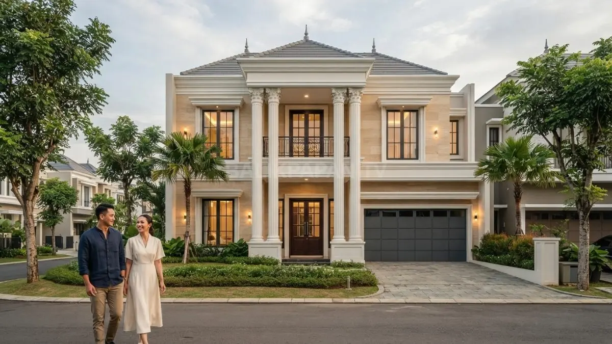 Rumah classic glamor memadukan fasad simetris, pilar proporsional, molding, marmer, dan pencahayaan elegan berkelas. (BTV/AI)