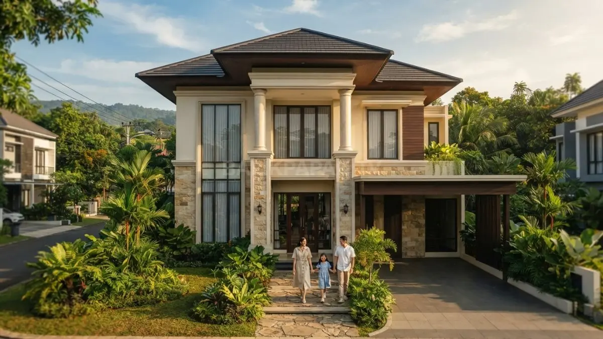 Rumah classic glamor tropis memadukan pilar, batu alam, kayu, bukaan besar, dan pencahayaan hangat elegan. (BTV/AI)